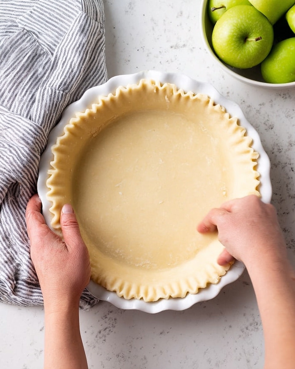 A close-up image shows a woman's hands pressing the edge of an unbaked plain pie crust dough inside a white pie dish. The dough is pale yellow and smooth, evenly covering the bottom and sides of the pie dish, with a slightly crimped edge made by the woman's hands pinching the dough. The background is a white marbled surface, and there is a gray and white striped cloth partly visible on the left side. On the top right, there is a white bowl filled with green apples and some loose green apples nearby. Photo taken with an iphone --ar 4:5 --v 7