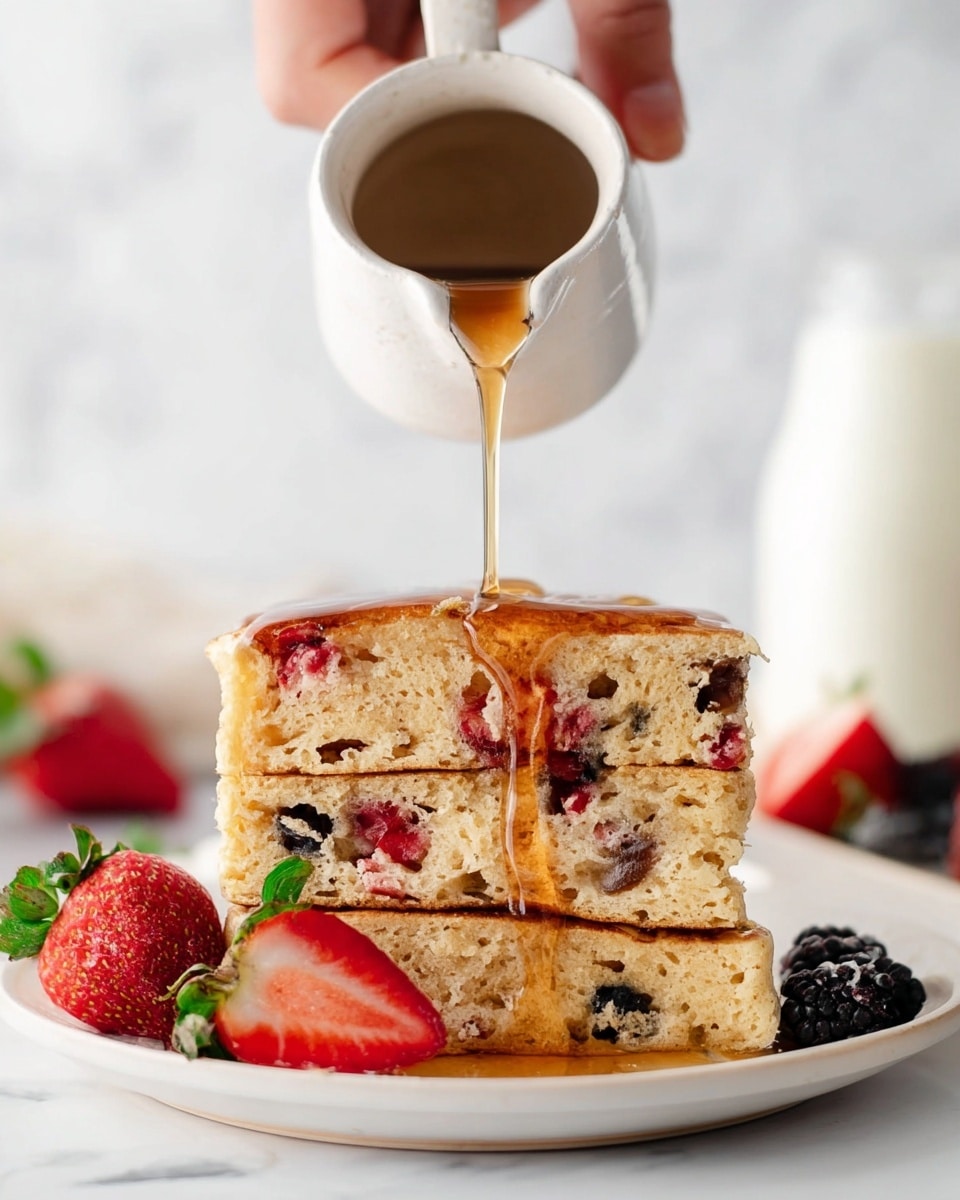A stack of three thick, fluffy cake-like pancakes sits on a white plate. Each pancake is light golden with visible small holes inside and scattered pieces of red and dark berries throughout. The top pancake has syrup being poured onto it from a white ceramic pitcher held by a woman's hand above. The syrup flows down the sides of the pancake stack, creating a shiny amber streak. A sliced strawberry with its green leaves rests on the plate next to the stack, along with some dark berries. The background and surface show a clean white marbled texture with blurred berries and a bottle of milk in the back. photo taken with an iphone --ar 4:5 --v 7