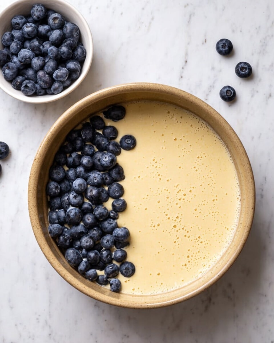 A round beige bowl on a white marbled surface holds a mix of pale yellow thick batter filling most of the bowl with small bubbles on the surface, along with half a neat pile of fresh dark blue blueberries resting on one side of the batter. A small white bowl filled with more blueberries is positioned nearby on the white marbled surface, along with a few scattered loose blueberries. Photo taken with an iphone --ar 4:5 --v 7