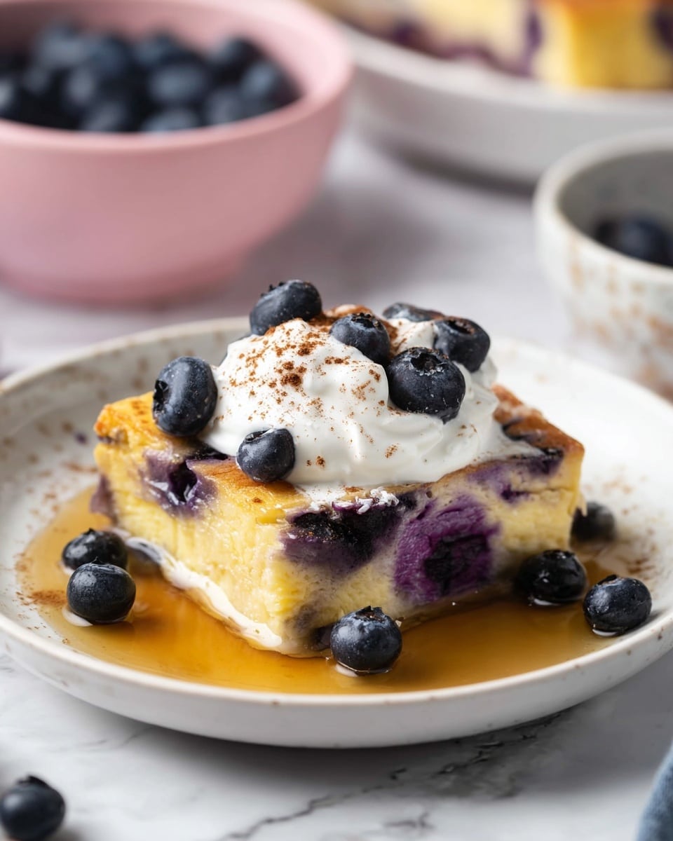 The dish shows a square piece of blueberry custard on a white plate with a white marbled surface underneath. The custard layer is golden yellow with purple blueberry spots inside. On top, there is a dollop of white cream sprinkled lightly with brown cinnamon powder. Fresh dark blue blueberries rest on the cream and around the plate. A glossy pool of light amber syrup surrounds the custard, adding shine and softness to the presentation. In the background, there is a pink bowl and a white bowl with blueberries, slightly blurred. photo taken with an iphone --ar 4:5 --v 7