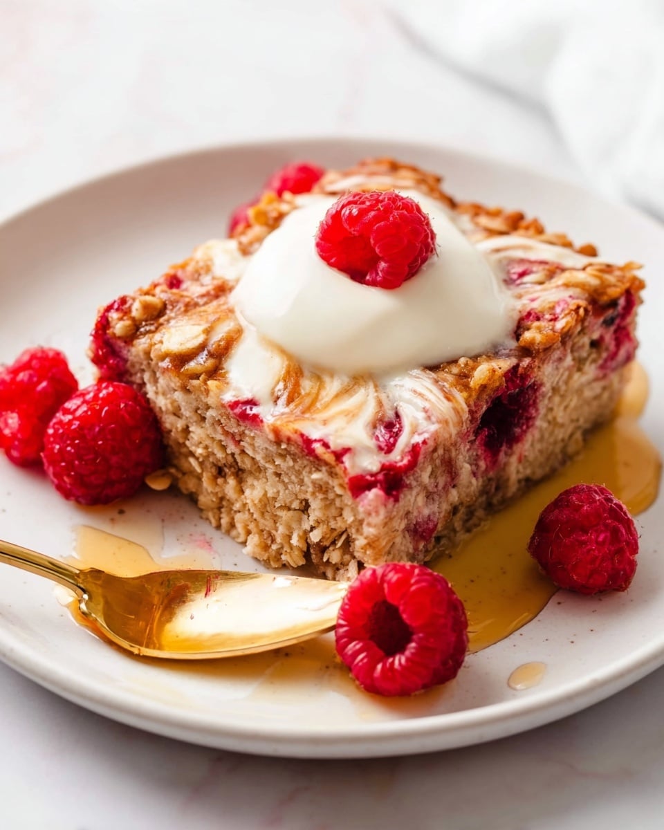 A square piece of baked oatmeal sits on a white plate with a white marbled background. The oatmeal has a golden brown top layer with visible swirls of white cream and bits of red raspberries mixed inside. The texture looks soft and moist with chunks of oats throughout. On top, there is a dollop of white cream with a single red raspberry placed on it. Around the oatmeal, several fresh red raspberries rest on the plate. A gold spoon holds a small bite of the oatmeal near the front edge of the plate, with syrup pooling underneath and around the dessert. Photo taken with an iphone --ar 4:5 --v 7