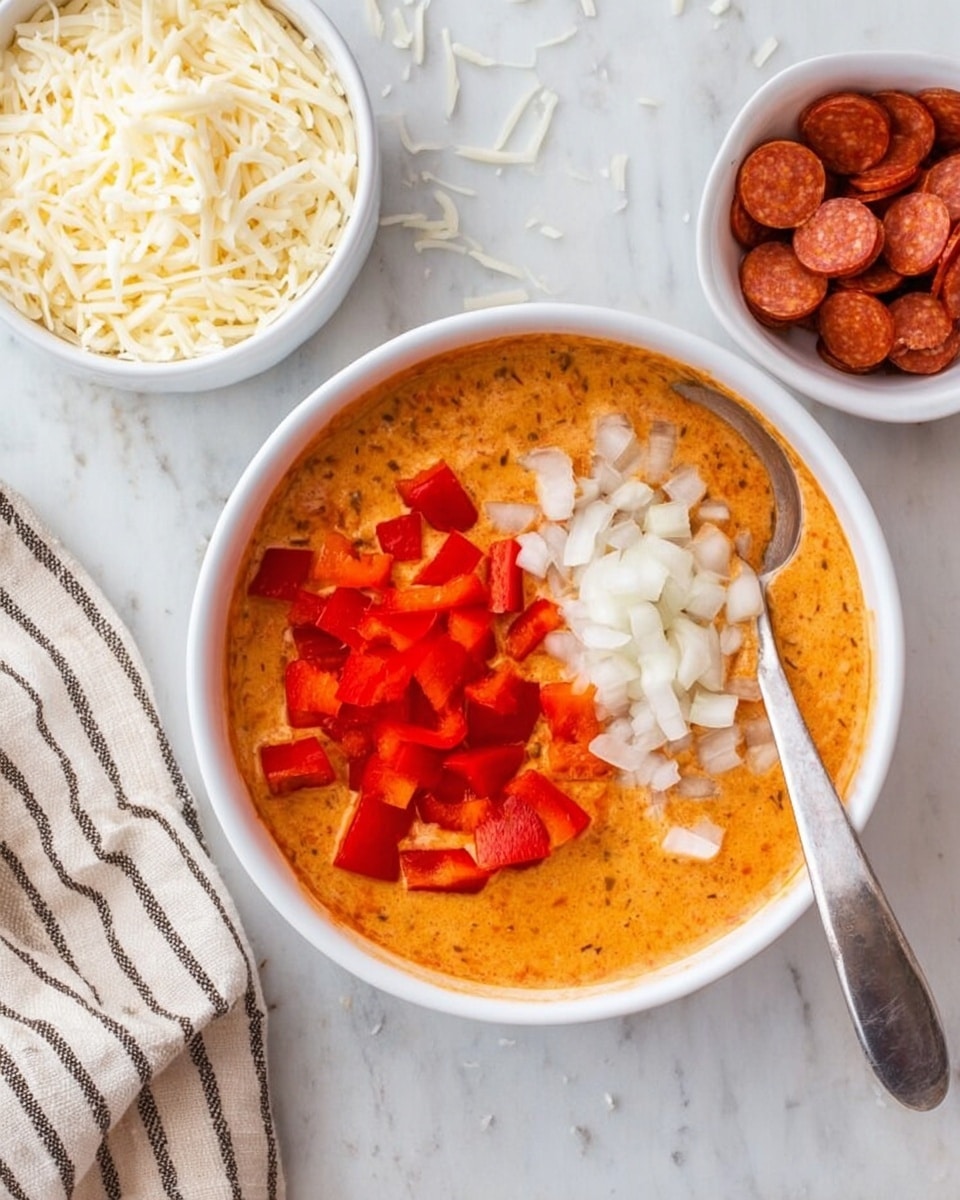 A white bowl filled with a creamy orange sauce, topped with a layer of small red bell pepper cubes on the left side and finely chopped white onions on the right side, with a silver spoon resting inside the bowl. To the left of the bowl, there is a small white bowl filled with shredded white cheese, and to the right, a smaller white bowl containing sliced pepperoni pieces. The scene is set on a white marbled surface with a striped beige and black cloth partially visible in the upper left corner. Photo taken with an iphone --ar 4:5 --v 7