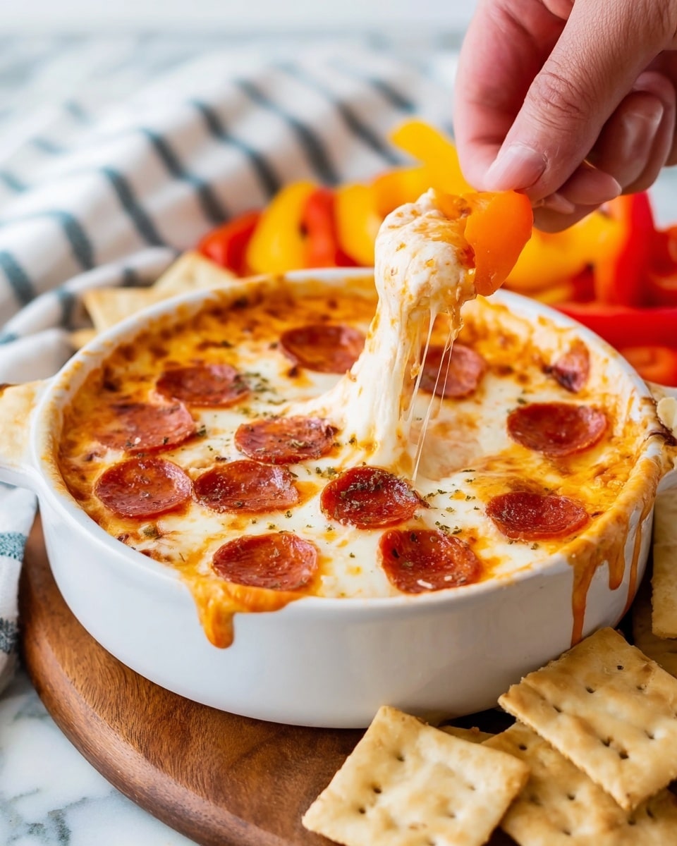A white bowl filled with a creamy, orange-red dip with small red pepperoni slices scattered on top. The dip has a melted cheese layer that looks soft and stretchy. A woman's hand holds an orange bell pepper slice dipping into the cheese with strings of melted cheese pulling up. The bowl sits on a wooden board with light brown square crackers arranged around it. The background is a white marbled surface with a striped cloth and some colorful bell pepper slices blurred behind the bowl. Photo taken with an iphone --ar 4:5 --v 7