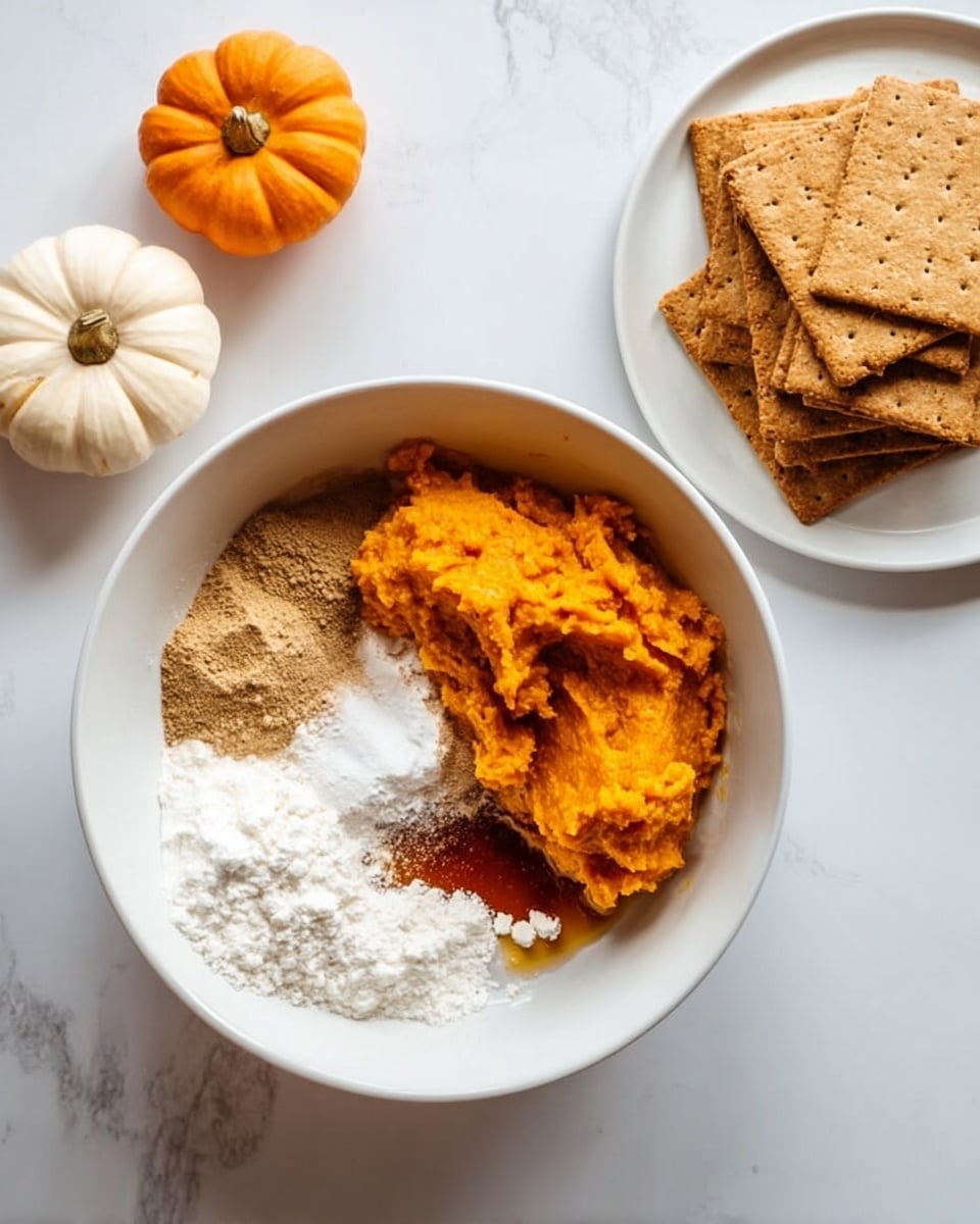 A white bowl contains several layers of ingredients arranged separately inside. On one side, there is a mound of bright orange pumpkin puree with a smooth but slightly textured surface. Beside it, a pile of fine white powder is placed neatly. Near the powder, a small heap of light brown spice is visible, and next to that, there is a darker amber-colored liquid. The bowl rests on a white marbled surface. To the left of the bowl, two small pumpkins, one orange and one white, sit on the surface. On the right side, a white plate holds stacked square-shaped light brown crackers with smooth tops and crumbly edges. photo taken with an iphone --ar 4:5 --v 7