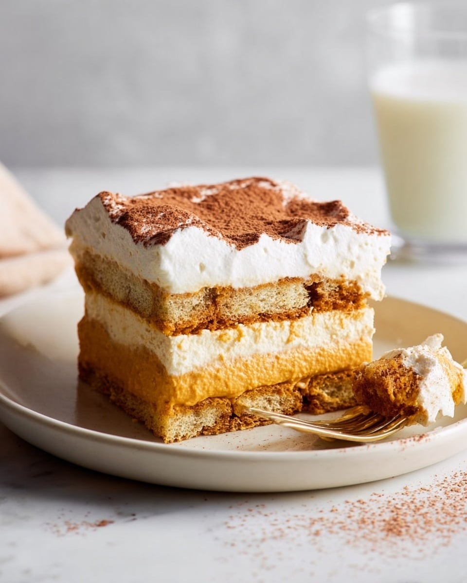 A square slice of layered dessert sits on a white plate with a white marbled surface underneath. The dessert has four layers: a bottom layer of soft, light brown sponge soaked with syrup, a second layer of thick pumpkin orange cream, a third layer of the same brown sponge, and a top layer of fluffy white whipped cream. A light dusting of brown cocoa powder covers the cream on top. A piece of the dessert is on a fork lying beside the slice on the plate. The background is soft and light, with a glass of milk partially visible behind the plate photo taken with an iphone --ar 4:5 --v 7