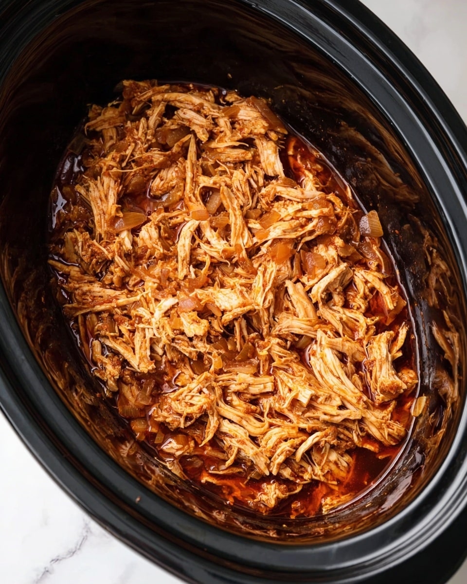 The image shows a close-up of shredded chicken cooked in a dark slow cooker. The chicken is mixed with a reddish-brown sauce and has visible pieces of softened onions throughout. The chicken strands are tender and fibrous, sitting in a thick sauce that clings to the meat. The slow cooker has a smooth, glossy black interior, and the image is taken from above against a white marbled surface. photo taken with an iphone --ar 4:5 --v 7