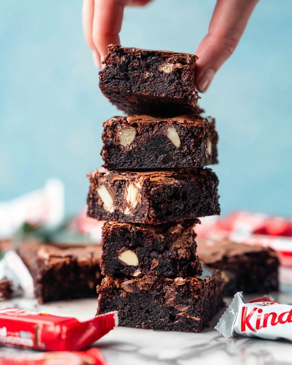 The image shows many dark brown brownies arranged in a loose grid on a light blue surface. There are also several Kinder Bueno chocolate bars and Kinder chocolate pieces scattered between and around the brownies. In the top left corner, there is a glass jar filled with a light brown creamy spread, with a spoon inside it. In the top right corner, a bunch of dark pink roses in a white vase is partially visible. The scene is bright and colorful with a mix of blue, brown, white, red, and pink tones. photo taken with an iphone --ar 4:5 --v 7