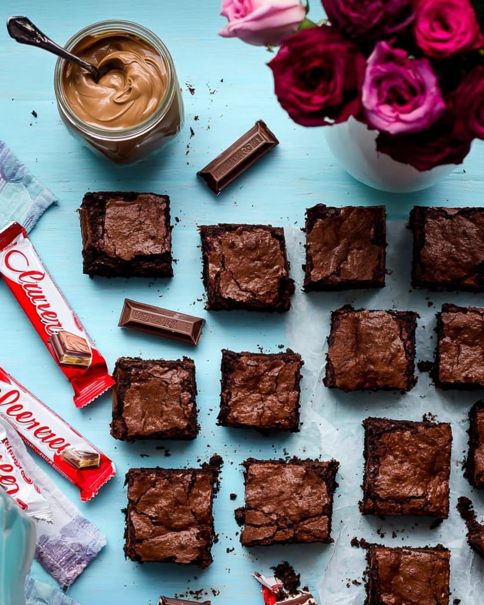 The image shows several square chocolate brownies with a cracked, rich dark brown top layer spread evenly, giving a dense and fudgy texture. The brownies are placed on a smooth light blue surface, scattered among wrapped Kinder and Kinder Bueno chocolate bars with red and white packaging. In the bottom left, there is a jar of creamy light tan spread, slightly open, with a smooth texture inside. The overall scene is bright and colorful, with a neat yet casual arrangement. Photo taken with an iphone --ar 4:5 --v 7