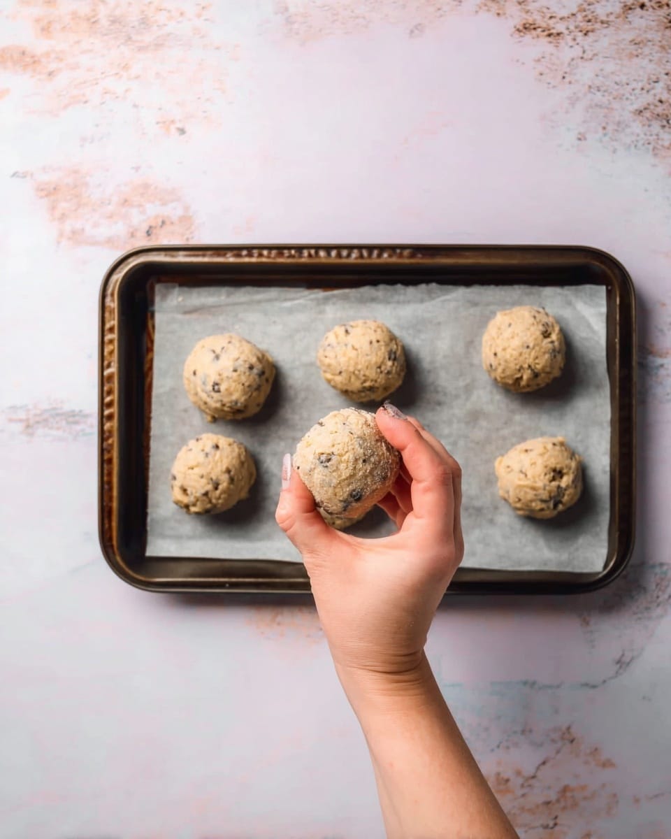 A woman's hand is holding a round dough ball above a dark metal baking tray lined with parchment paper. On the tray, there are five more round dough balls showing a light brown color with small dark pieces inside, giving a rough texture. The tray is placed on a white marbled surface with soft pink and light purple hues. The overall scene shows an overhead view with soft natural light, highlighting the raw dough balls. photo taken with an iphone --ar 4:5 --v 7