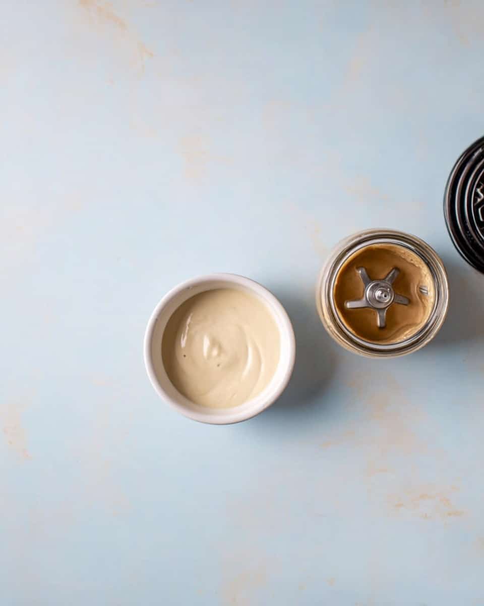 The image shows three containers placed on a white marbled surface. On the left is a small white bowl filled with creamy, smooth, off-white sauce or dip. On the right side, there is a small blender jar with light brown sauce inside, with the lid removed and placed beside it, showing the metal blades inside. The overall setting has a clean and simple look with soft lighting. photo taken with an iphone --ar 4:5 --v 7