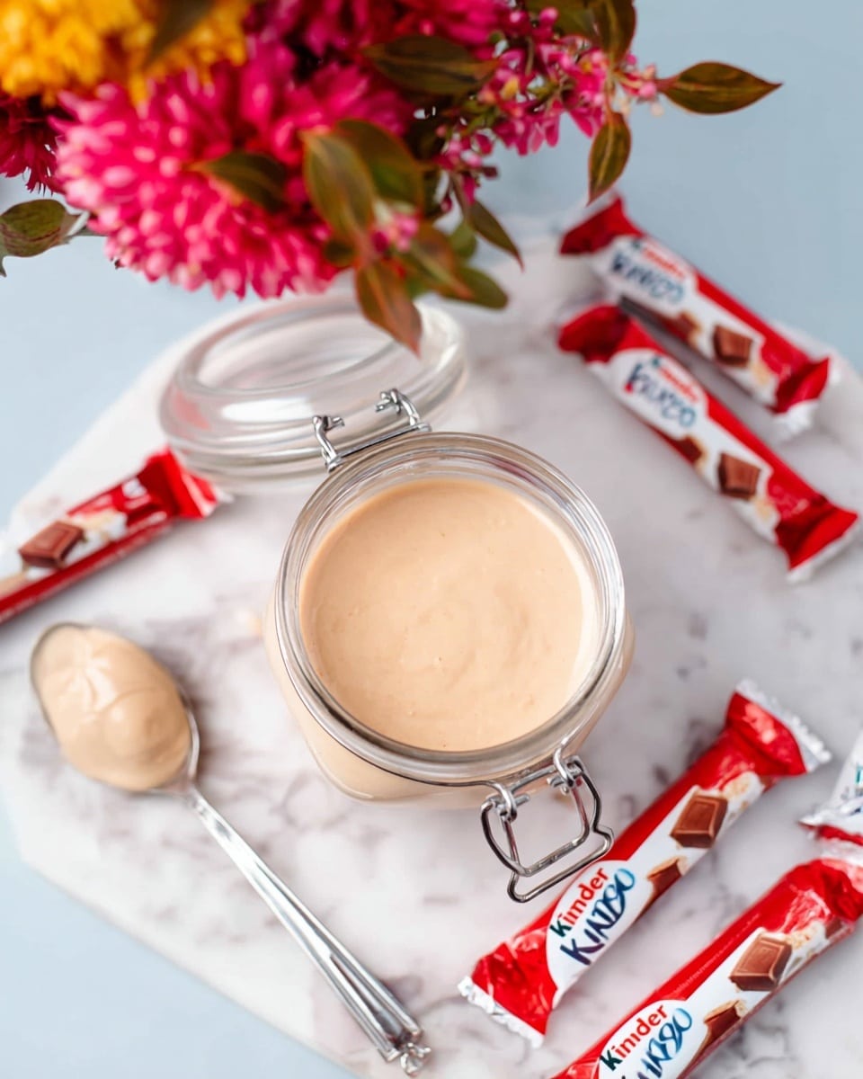 A clear glass jar with a latch is open and filled with smooth, light beige cream, placed in the center on a white marbled surface. Around the jar are several wrapped Kinder Bueno chocolate bars arranged neatly, showing their white, red, and brown packaging. A silver spoon holding some of the cream rests just above the jar on the left side. In the top left corner, a bunch of pink and yellow flowers with green leaves hangs slightly into the frame, adding a touch of color. The background is simple and light with no other objects visible. photo taken with an iphone --ar 4:5 --v 7