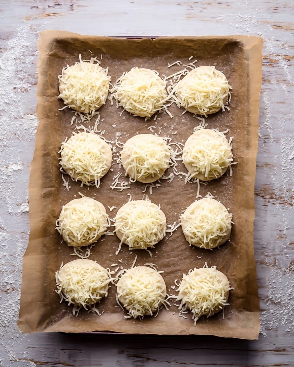 A baking tray lined with brown parchment paper holds nine raw dough rounds evenly spaced in three rows, each round thickly topped with shredded cheese. The cheese is pale yellow with a fluffy texture, slightly spilling over the edges of each round. The round dough bases are light beige, with a soft, smooth surface beneath the cheese. The tray sits on a white marbled surface with slight flour dust and wooden textures barely visible around the edges. photo taken with an iphone --ar 4:5 --v 7