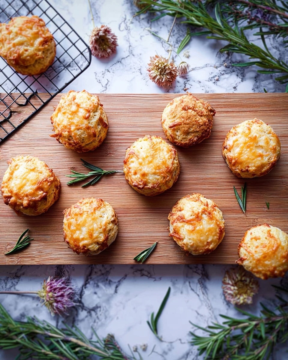 The image shows eight round cheese biscuits with a golden brown top and slightly rough texture on a small wooden cutting board. The biscuits have a light golden color with melted cheese baked on top, giving a crispy look. Around the biscuits on the board and the wooden surface below, there are small green rosemary sprigs scattered for decoration. Some biscuits are also placed on a cooling rack to the left side. The background is a white marbled texture with sprigs of rosemary and dried flowers scattered, creating a natural and fresh look. photo taken with an iphone --ar 4:5 --v 7