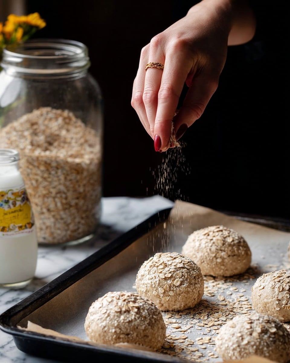A woman's hand with red nail polish is sprinkling oats over four round dough balls placed on a baking tray lined with parchment paper. The dough balls are light beige in color with a rough texture from the oats covering their tops. Behind the tray, there is a large glass jar filled with oats and a white bottle with a yellow label on a white marbled surface. The background is dark, highlighting the action of sprinkling oats. Photo taken with an iphone --ar 4:5 --v 7