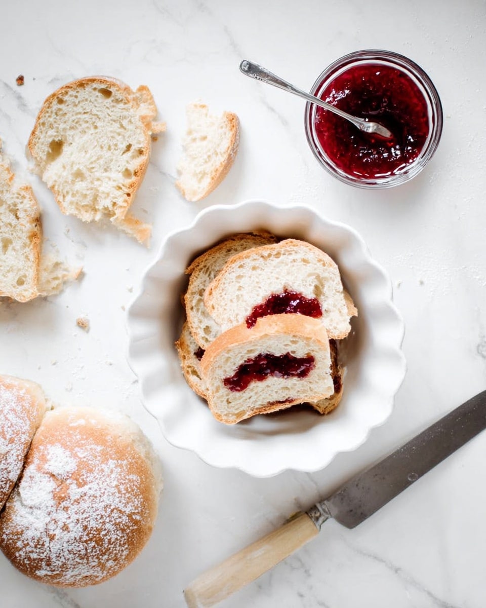 The image shows a white scalloped bowl filled with several slices of bread that have dark red jam spread inside each slice, stacked loosely. To the left of the bowl, there are three slices of the same bread resting on the white marbled surface, with one slice partially broken. Above these slices, there is a small clear glass bowl containing bright dark red jam with a silver spoon in it. To the right of the bowl, two whole round pieces of bread, dusted with white flour, sit on the white marbled surface. A knife with a wooden handle and a silver blade lies diagonally near the bread slices. Photo taken with an iphone --ar 4:5 --v 7
