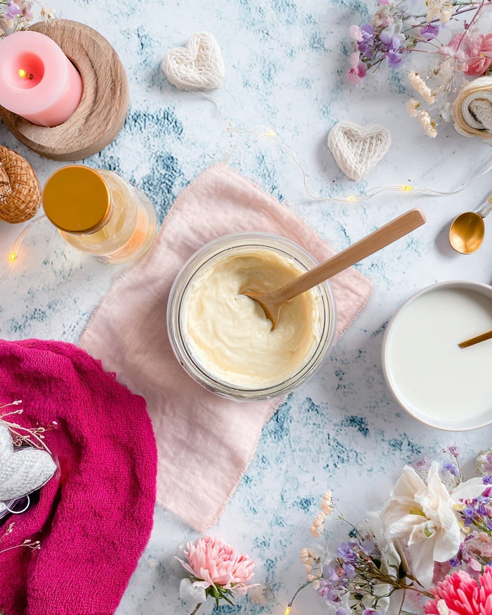 A clear glass jar with a beige thick cream inside sits open on a soft pink cloth in the middle of the image, a wooden spoon resting in the jar. To the right, there is a small white bowl filled with thick white liquid and a thin golden spoon in it. On the left side, there is a clear glass bottle with a golden cap, partly covering a bright pink napkin. The background is a white marbled texture with soft blue patches. Around the jar and the bowl, there are small white flowers and decorative heart-shaped objects in white, beige, gray, and woven texture. At the top left corner, part of a wooden candle holder with a pink candle and colorful pastel string lights are visible. On the right edge of the image, some pink and white flowers are arranged. Photo taken with an iphone --ar 4:5 --v 7
