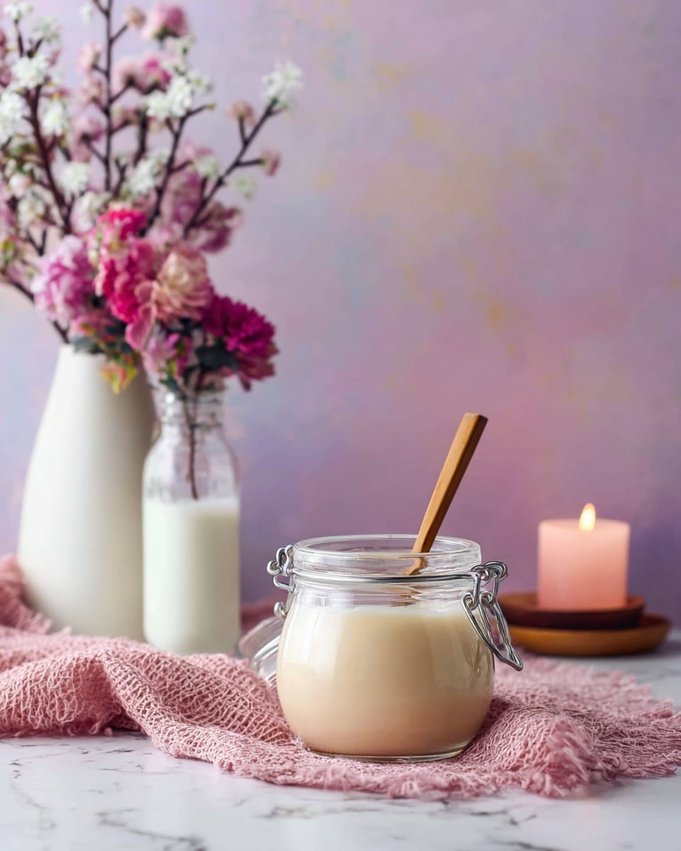 A clear glass jar with a metal clasp filled with smooth, light beige creamy substance sits at the center, with a wooden spoon standing inside the jar. The jar rests on a soft pink textured cloth that spreads across a white marbled surface. Behind the jar to the left is a white vase holding branches of pink and white flowers and a clear glass bottle filled with white milk, sealed with a gold cap. To the right in the background, there is a lit pink candle in a small wooden holder. The background is a soft, blurred pastel purple wall that adds calmness to the scene. photo taken with an iphone --ar 4:5 --v 7