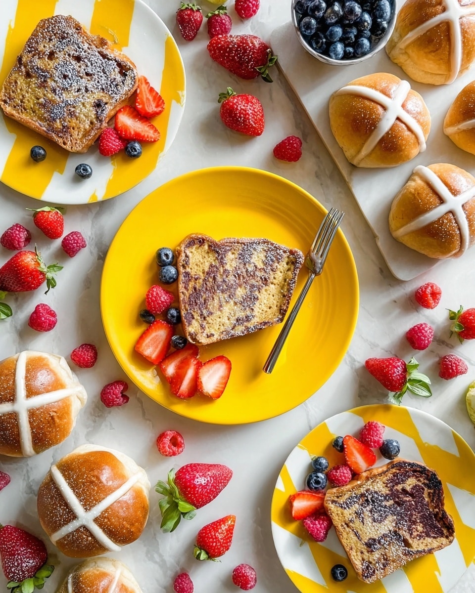 The image shows two white plates with yellow striped patterns filled with three slices of brown French toast dusted with powdered sugar on each plate, surrounded by fresh raspberries, blueberries, and sliced strawberries with green leaves. In the center, there is a plain bright yellow plate holding two pieces of French toast, decorated with a few blueberries and raspberries, and a couple of strawberry slices on the side. Scattered around the plates are whole strawberries and blueberries, as well as three round hot cross buns with white icing crosses on top. A small metal fork rests on the yellow plate. The whole scene is set on a white marbled surface. Photo taken with an iphone --ar 4:5 --v 7