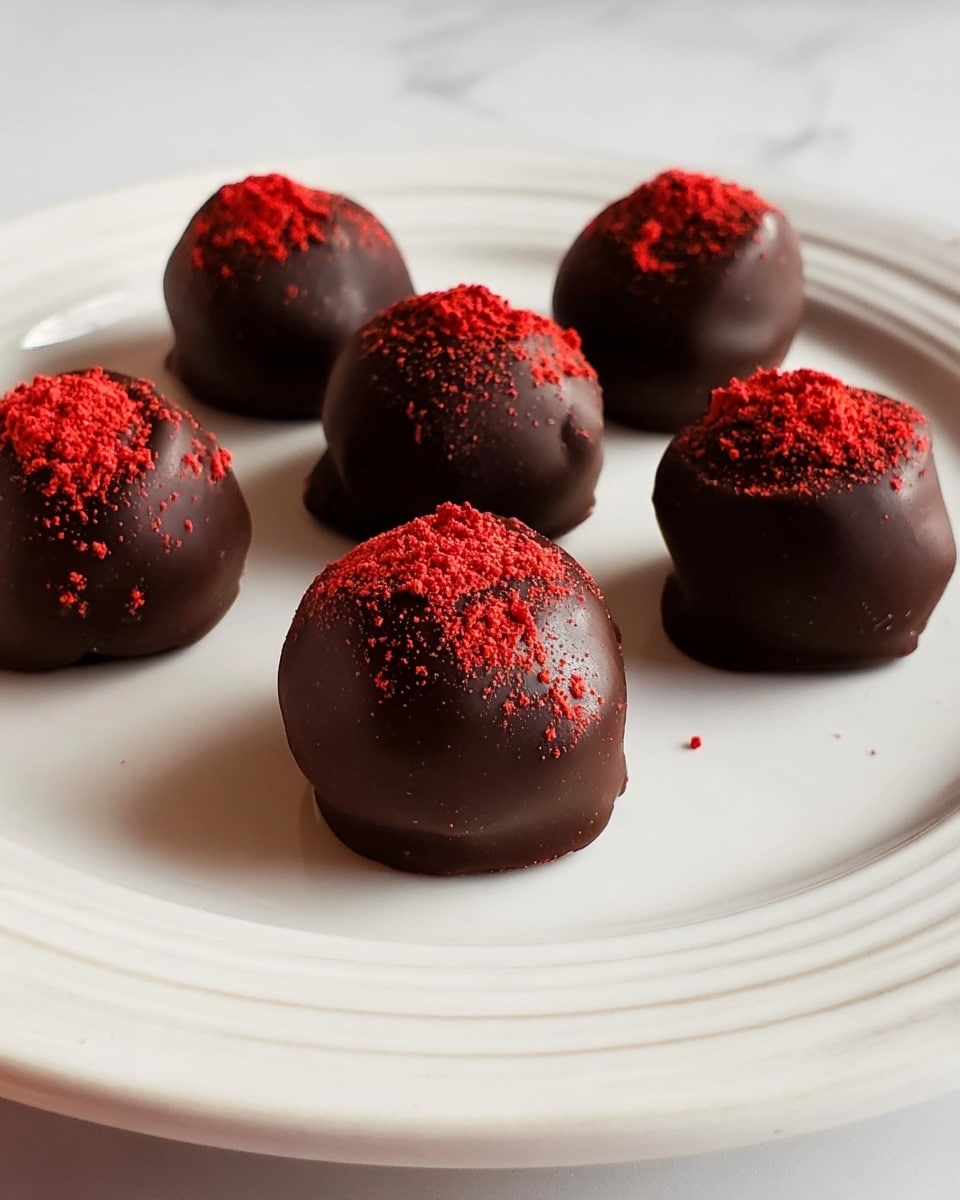 The image shows seven round chocolate truffles arranged loosely on a white plate, each coated smoothly in dark chocolate with a slightly uneven surface. On top of each truffle, there is a sprinkling of red powder that adds a bright contrast to the dark chocolate. The white plate has subtle ridges near the edges and is set on a white marbled surface, which gives a clean, elegant look. The lighting highlights the glossy texture of the chocolate and the fine detail of the red powder on each piece. Photo taken with an iphone --ar 4:5 --v 7