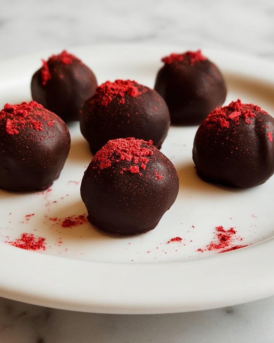 Seven round dark brown chocolate balls with a smooth, slightly shiny texture are arranged on a white plate. Each ball is topped with a dusting of bright red powder, adding a pop of color. The balls sit alone on the plate, which is set against a white marbled surface. The background is simple and clean, focusing attention on the chocolates. photo taken with an iphone --ar 4:5 --v 7