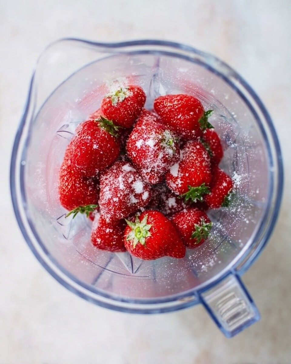 A clear blender jar filled with bright red strawberries, some with green stems still attached, sitting on a white marbled surface. The strawberries have bits of white granulated sugar sprinkled on them, scattered unevenly. The blender jar is viewed from above, showing its round shape, clear sides, and a handle on the right. The background is smooth and light with subtle marbling details. Photo taken with an iphone --ar 4:5 --v 7