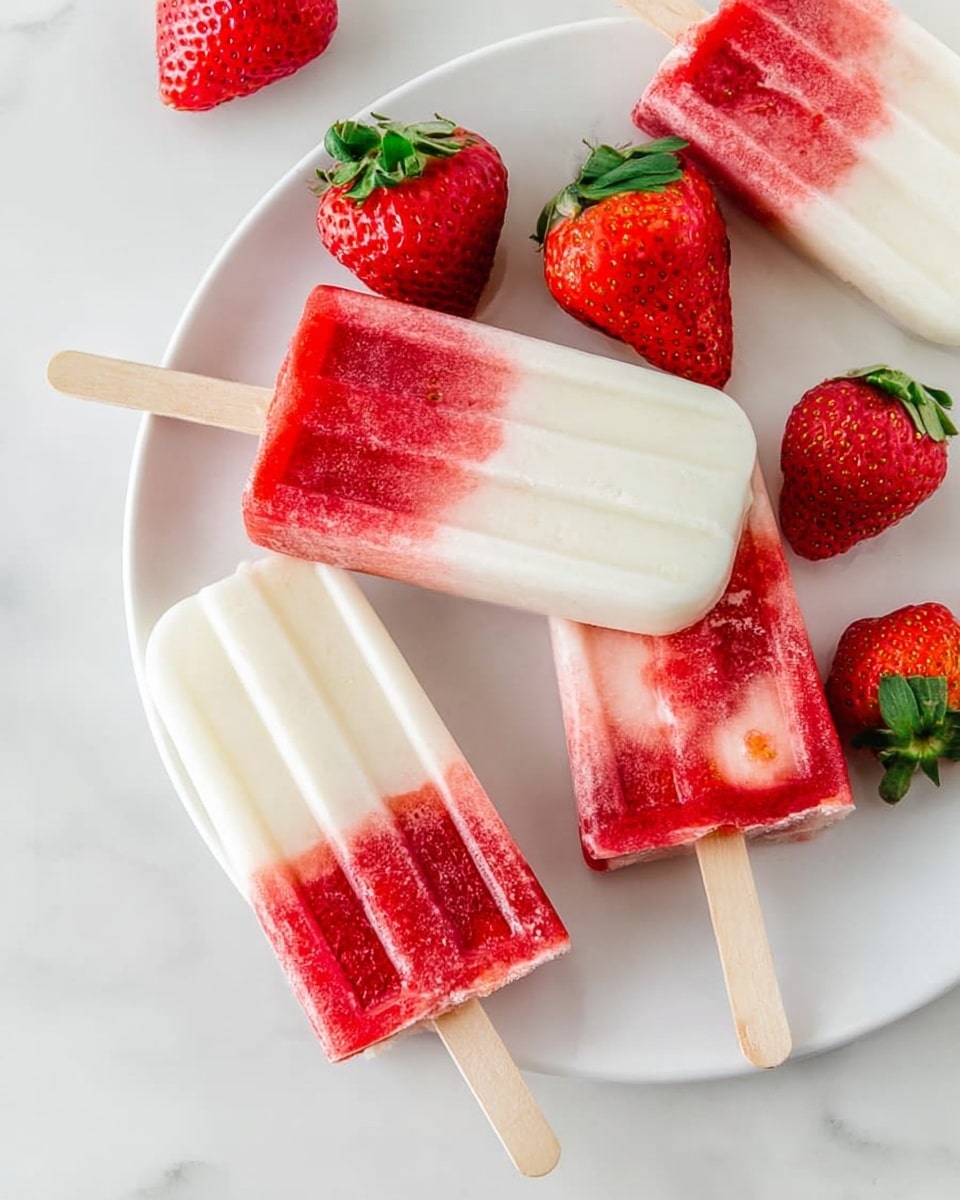 The image shows four popsicles on a white plate with a white marbled surface background. Each popsicle has two layers: the top layer is creamy white, smooth, and opaque, and the bottom layer is a vibrant red with bits of strawberry visible inside, giving a fresh texture. The popsicles have a wooden stick at the bottom for holding, and around the plate are four fresh strawberries with green leaves, adding bright red and green colors to the scene. The overall look is clean, fresh, and colorful. photo taken with an iphone --ar 4:5 --v 7
