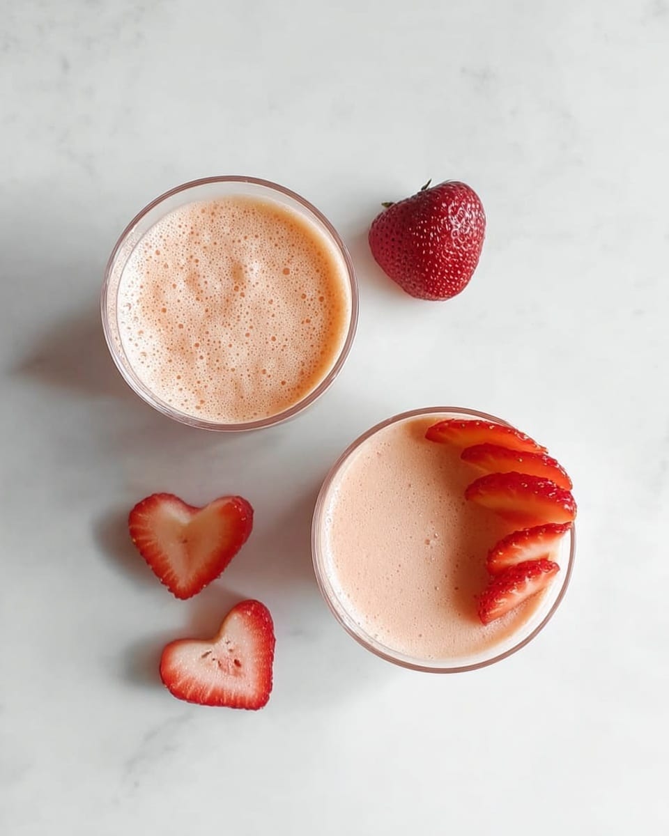 Two clear round glasses are filled with a light peach smoothie with a fluffy top layer. The glass on the right has thin red strawberry slices placed inside along the edge, while the glass on the left has only the smoothie. Below each glass, there are three strawberry pieces arranged on a white marbled surface: two heart-shaped slices and one whole strawberry with a deep red color and small seeds. The scene is bright and clean, focusing on the texture and color contrast of the strawberries and smoothie. photo taken with an iphone --ar 4:5 --v 7