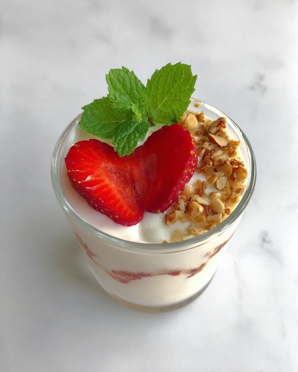 A small clear glass shows a layered dessert with a creamy white top layer, garnished with two bright red strawberry halves on one side, a small green sprig of fresh mint leaves in the center, and a sprinkle of chopped light brown nuts on the other side, all placed on a white marbled surface photo taken with an iphone --ar 4:5 --v 7