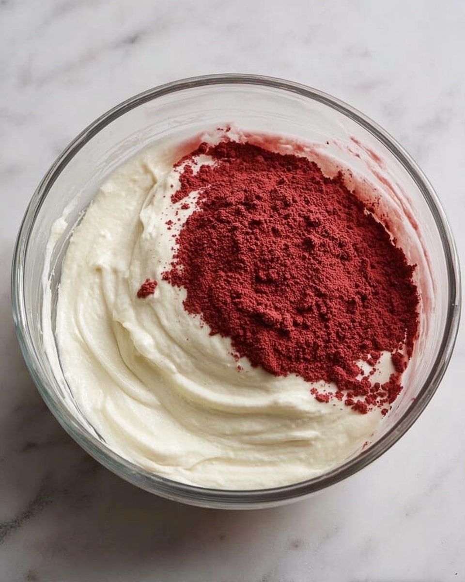 A clear glass bowl is placed on a white marbled surface, filled with one layer of thick, creamy, white batter that is smooth and stretched across the base and sides of the bowl. On top, a layer of deep red powder with a slightly crumbly texture is spread over about half of the batter, creating a strong contrast between the white cream and the red powder. The bowl's transparent sides show the thickness of the batter beneath the powder. Photo taken with an iphone --ar 4:5 --v 7