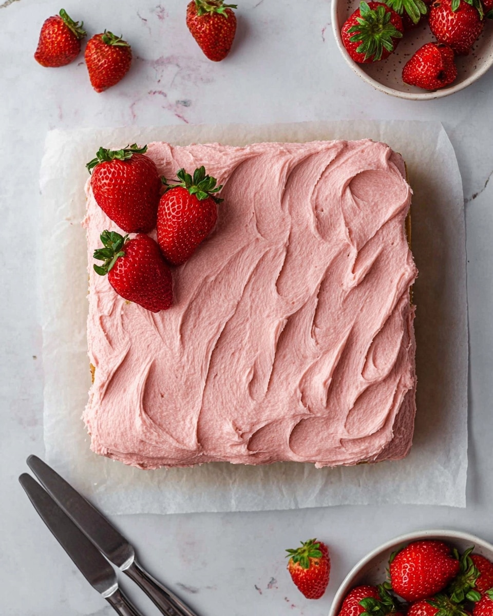 The image shows a square cake with a thick layer of light pink frosting spread unevenly on top, creating a textured swirl pattern. On the top left corner of the cake, there are three bright red strawberries with green leaves arranged closely together. The cake sits on white parchment paper laid on a white marbled surface. Around the cake, there are whole strawberries placed casually, along with a white bowl filled with more strawberries on the bottom right and two metal butter knives on the bottom left. Photo taken with an iphone --ar 4:5 --v 7