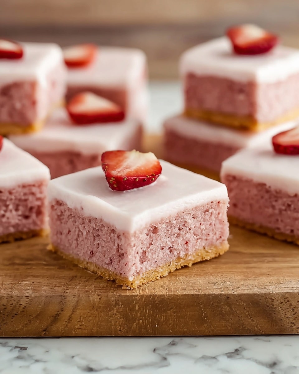 The image shows several square pieces of pink cake with a smooth white frosting layer on top. Each piece is about two layers high, with the pink cake forming the bottom and the white frosting as a thin top layer. Some pieces have a small thin slice of red strawberry placed neatly in the center of the frosting. The cakes are placed on a wooden board and a white marbled surface, with one cake piece in the front being closest to the camera. The background includes more stacked cake squares arranged casually. The texture of the cake looks soft and moist, while the frosting is smooth and even. photo taken with an iphone --ar 4:5 --v 7