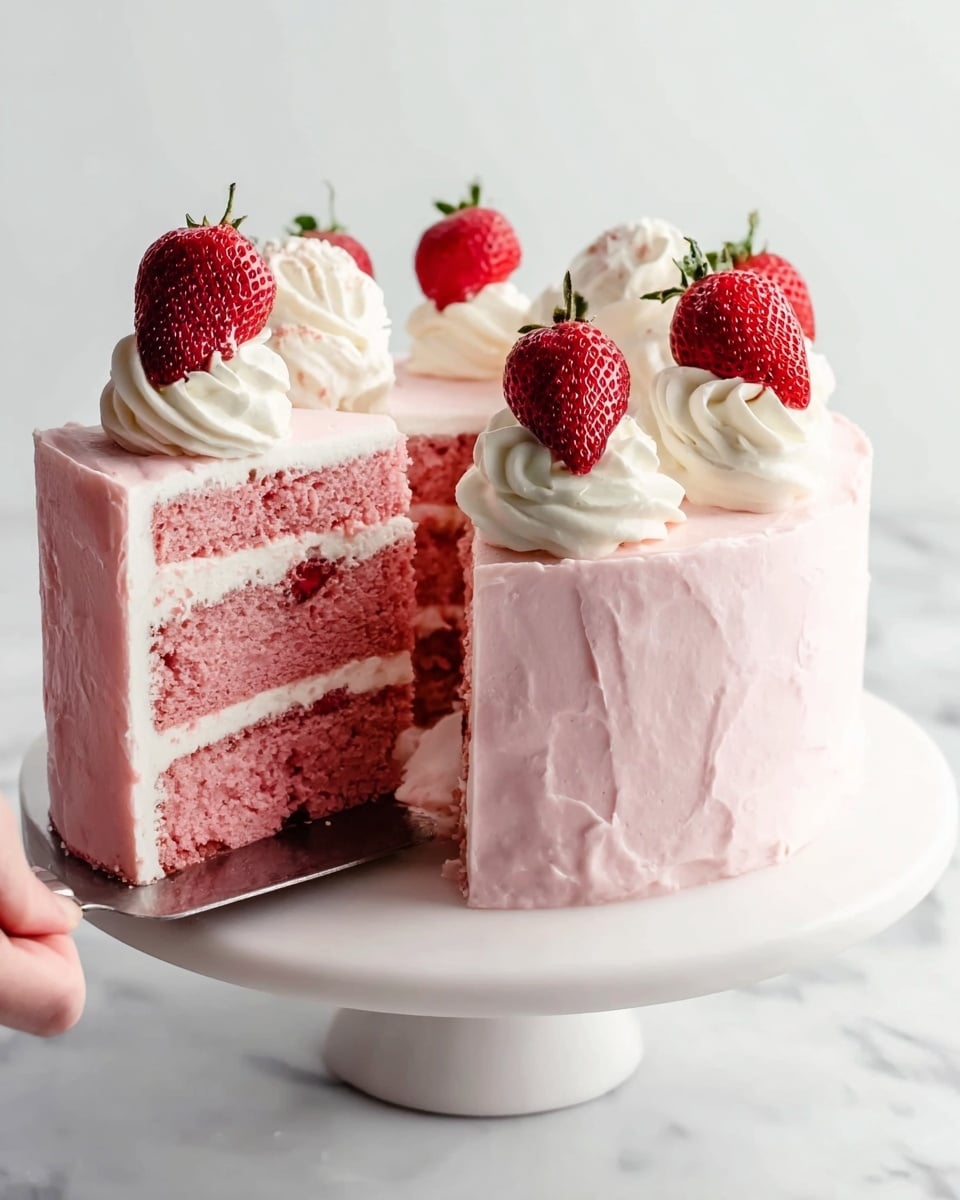 The image shows a three-layer pink cake slice on a white plate, each cake layer is a deep pink color with a thick white cream layer in between. On top of the slice, there is a dollop of white cream and a whole red strawberry with green leaves. In the background, there is a whole pink frosted cake decorated with white cream swirls and red strawberries on top, placed on a white cake stand. To the right, there is a white bowl filled with fresh red strawberries. The surface beneath everything is a white marbled texture. A silver fork rests on the plate near the cake slice with some pink crumbs scattered around. photo taken with an iphone --ar 4:5 --v 7