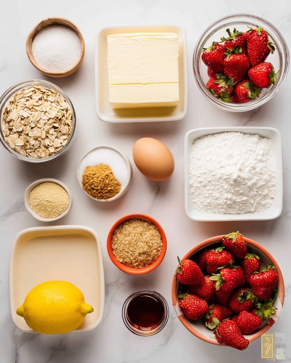 The image shows a white marbled surface with different bowls and plates holding ingredients arranged neatly. In the top right is a white bowl full of bright red strawberries with green stems, next to a white dish containing two thick white blocks of cream cheese. Near the center right is a small white bowl with granulated sugar, beside an orange bowl with a small amount of white salt. Above is a clear glass dish with a thick rectangle of pale-yellow butter. On the left side is a brown egg, a whole yellow lemon, a white bowl filled with rolled oats, and a clear bowl full of golden brown graham cracker crumbs. At the top left are small white bowls holding light brown sugar, baking powder, and baking soda. A dark amber liquid in a small white bowl is at the bottom near the middle. Photo taken with an iphone --ar 4:5 --v 7