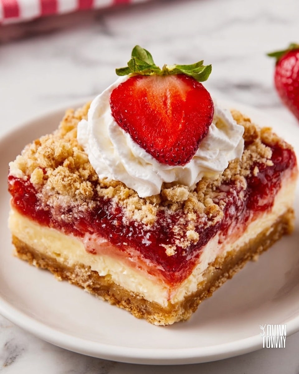 A square slice of dessert with three distinct layers sits on a white plate on a white marbled surface. The bottom layer is light beige and moist, the middle layer is bright red and looks like a strawberry filling, and the top layer is crumbly and golden brown with visible oat pieces. On top of the slice, there is a small swirl of white whipped cream with a fresh red strawberry slice placed on it. In the background, more red strawberries are slightly out of focus. photo taken with an iphone --ar 4:5 --v 7