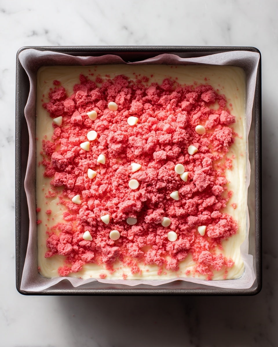 The image shows a square dark baking pan lined with white parchment paper, filled with a two-layer mixture. The bottom layer is creamy white, smooth, and thick, covering the base evenly. Scattered on top are small white chocolate chips. The top layer is crumbled and spread unevenly across the white base, with a bright coral pink color and a rough, crumbly texture. The pan sits on a white marbled surface. Photo taken with an iphone --ar 4:5 --v 7