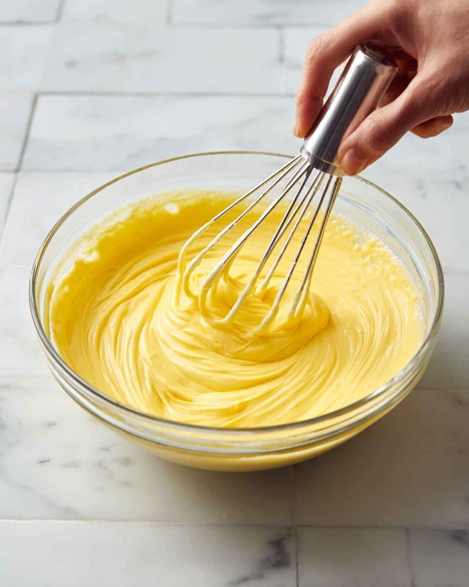 A clear glass bowl filled with a smooth, bright yellow batter is placed on a white marbled surface. Two silver beaters from a handheld electric mixer are partially immersed in the thick batter, creating light swirls and waves on the surface. The beaters are angled slightly toward the right side of the bowl, and a woman's hand is holding the mixer. The background features white tiled walls with a simple, clean look. Photo taken with an iphone --ar 4:5 --v 7