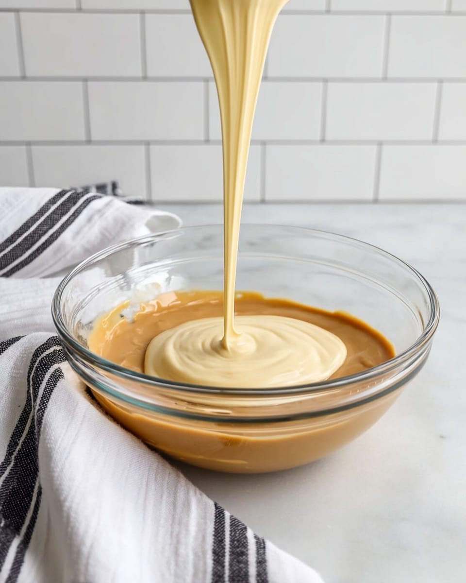 A clear glass bowl on a white marbled surface holds two smooth, thick layers of sauce. The bottom layer is a medium brown, spread evenly and glossy. Above it, a pale yellow creamy sauce is being poured slowly from above, landing in the center and forming a swirl pattern as it covers the brown layer. Behind the bowl, a white cloth with black stripes is casually folded, adding texture to the scene. The background is a white tile wall. photo taken with an iphone --ar 4:5 --v 7