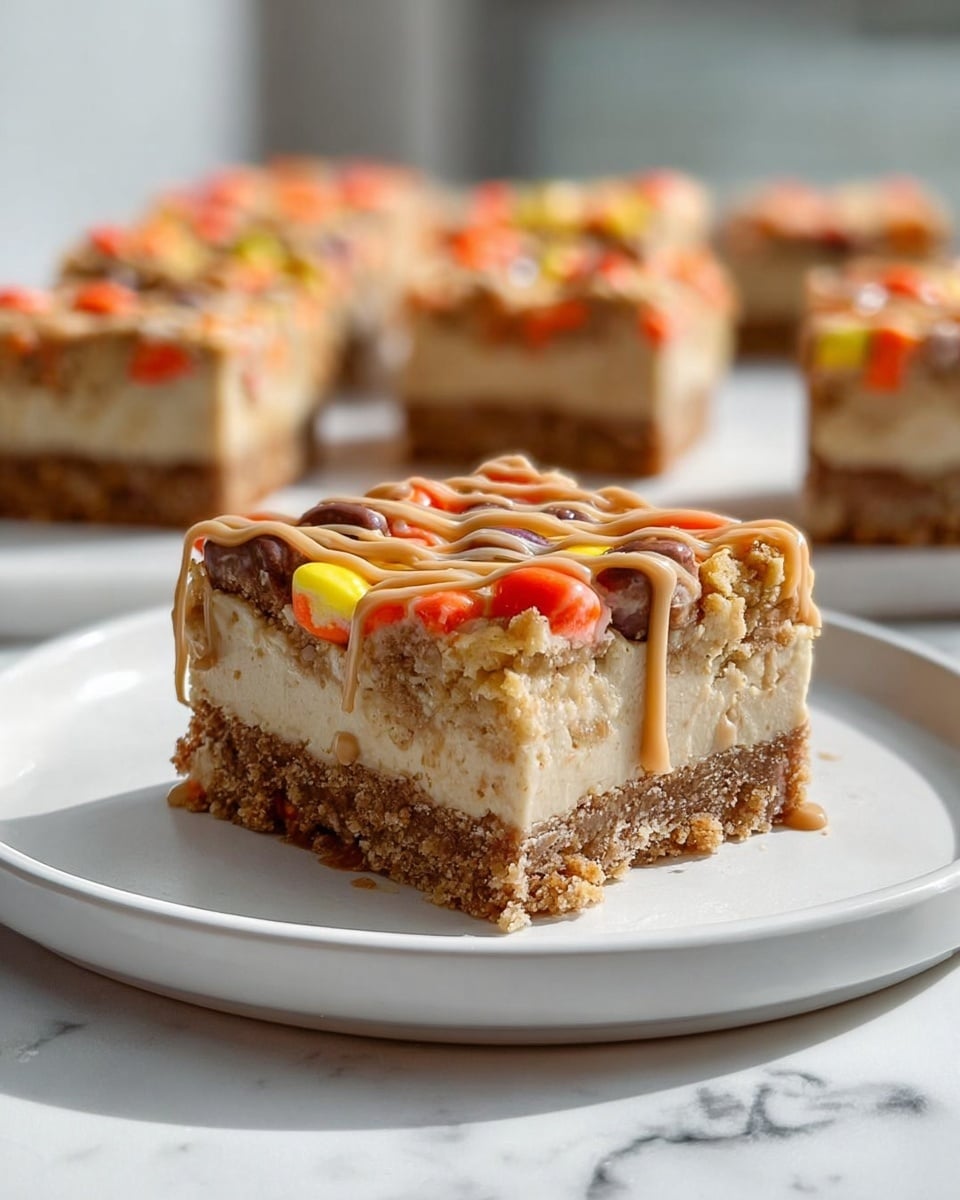 The image shows a slice of a dessert bar lifted on a spatula above a white marbled surface. The bar has four clear layers: the bottom is a dark brown crust that looks firm and crumbly, above it is a thick layer filled with caramel and nuts which appear light brown and chunky, followed by a golden brown crumbly layer, and the top is covered with colorful candy-coated chocolate pieces in yellow, orange, and brown. Drizzles of light caramel or peanut butter sauce are spread unevenly on top. The whole dessert is cut into square pieces, arranged on a white marbled surface with a white tiled wall in the background. The photo was taken with an iphone --ar 4:5 --v 7
