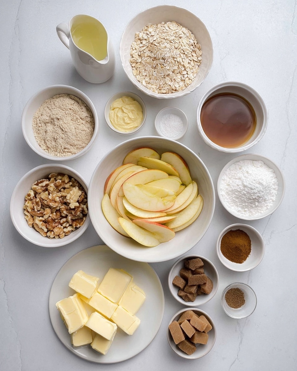 Top view of a white bowl filled with thinly sliced apples placed in the center on a white marbled surface, surrounded by smaller white bowls containing rolled oats, chopped nuts, flour, white sugar, brown sugar cubes, and a powdery white ingredient. There is a small white jug with light yellow liquid, a white bowl holding two scoops of vanilla ice cream, a white plate with neatly cubed butter, and a bowl of smooth brown syrup. Small white dishes hold different ground spices. The neat arrangement of various baking ingredients is evenly spaced, and the overall image is bright and clean, photo taken with an iphone --ar 4:5 --v 7