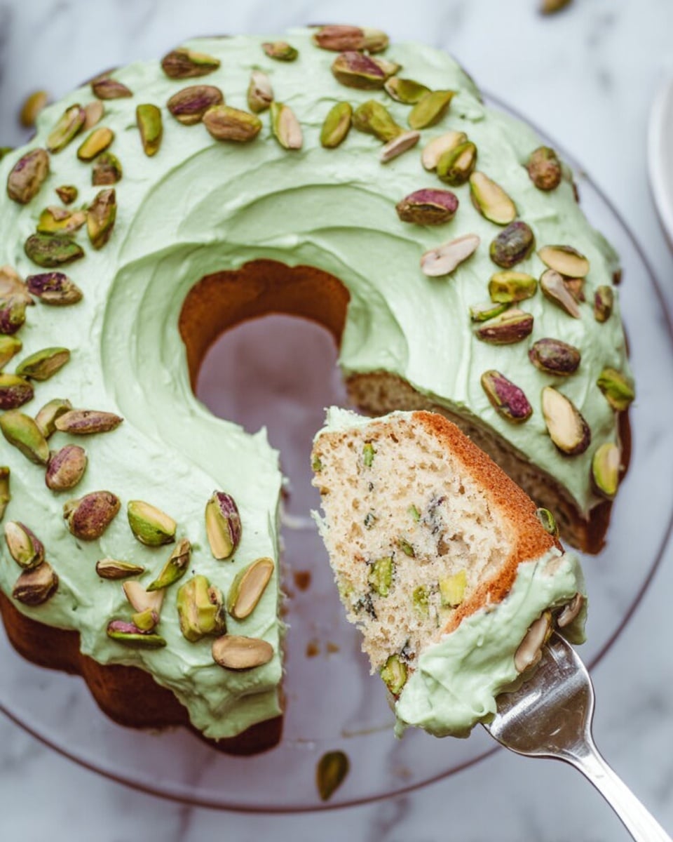 A ring-shaped cake with a thick layer of light green frosting spread evenly on top, decorated with whole pistachio nuts scattered all over the frosting. A slice is lifted by a silver fork, showing the inside texture of the soft, light beige cake with visible pistachios baked inside. The cake rests on a clear plate, placed on a white marbled surface. Photo taken with an iphone --ar 4:5 --v 7