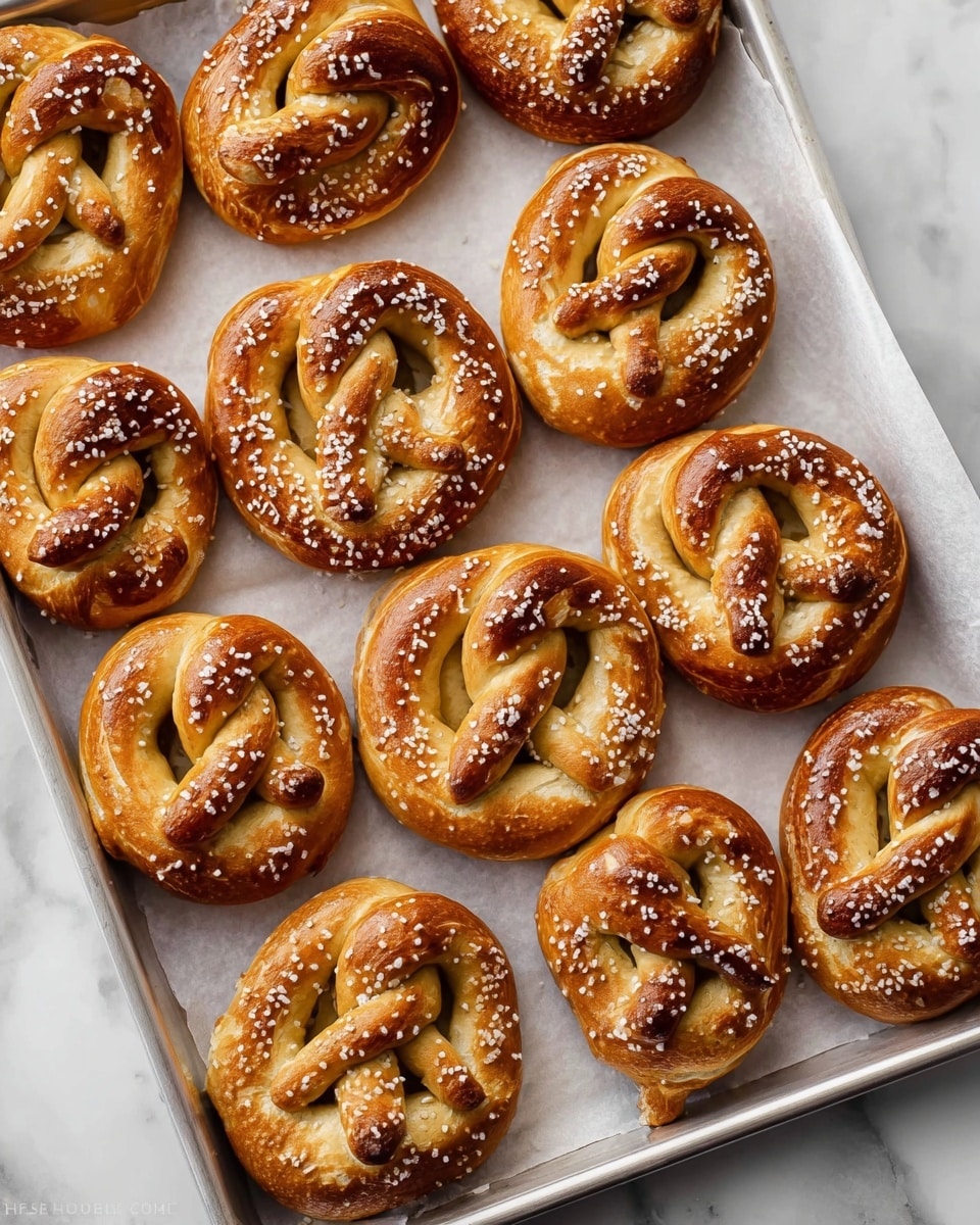 The image shows a close-up of three soft pretzels on a light brown baking mat, set against a white marbled surface. Each pretzel has a golden brown outer crust with a slightly darker toasted texture on the twisted sections and is sprinkled with coarse salt crystals. The dough looks smooth and fluffy, with visible folds and slight crispness on top. The pretzels have a classic knot shape with two loops and a thick center twist. The photo focuses sharply on the closest pretzel in the lower part of the frame, with the others softly blurred in the background. Photo taken with an iphone --ar 4:5 --v 7