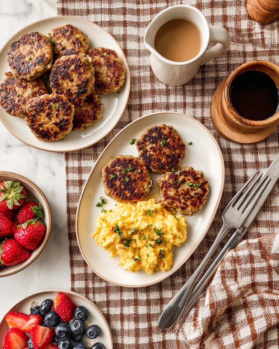 On a white oval plate, there are several golden-brown sausage patties with a slightly crispy texture, garnished with small green herbs. To the right, on a white round plate, two sausage patties sit next to a fluffy pile of scrambled eggs with a soft, creamy texture, sprinkled lightly with herbs. Below, on another white round plate, two sausage patties are placed beside a portion of scrambled eggs at the right side, and an arrangement of fresh berries, including whole strawberries, halved strawberries, blueberries, and raspberries, at the left side. A silver fork rests to the right of the plate. Near the food, there is a cup of light brown coffee and a small white pitcher filled with dark syrup. The setting is on a white marbled texture covered by a brown and white checkered cloth. photo taken with an iphone --ar 4:5 --v 7