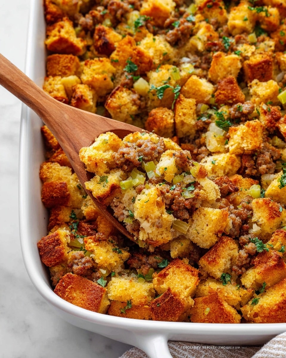 The image shows a white baking dish filled with a golden brown stuffing made of several layers, starting with a base of soft bread cubes toasted to a light brown color with crispy edges. Mixed within are small pieces of cooked sausage in a light gray-brown tone and chopped celery adding fresh green bits throughout. Fresh parsley leaves in dark green are scattered on top, adding a pop of color. The texture looks crumbly on the surface with some moist chunks underneath. A wooden spoon with a smooth, light brown handle is scooping some of the stuffing, highlighting the mix of crunchy bread, meat, and vegetables. The baking dish sits on a white marbled surface. photo taken with an iphone --ar 4:5 --v 7