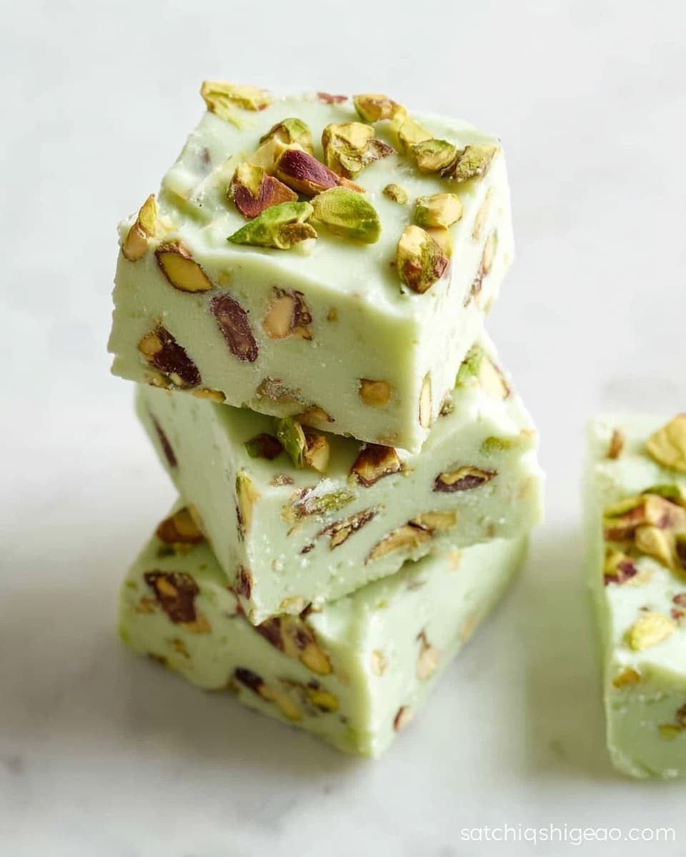 This image shows a stack of three square pieces of light green fudge with pistachio nuts mixed inside and on top of each piece. The fudge appears soft and creamy with visible nuts creating varied textures. The stack is placed on a white marbled surface with another piece of fudge nearby, showing its smooth sides and nutty interior. The light green color dominates the layers, while the brown and green pistachio nuts add small pops of color on and inside the fudge. Photo taken with an iphone --ar 4:5 --v 7