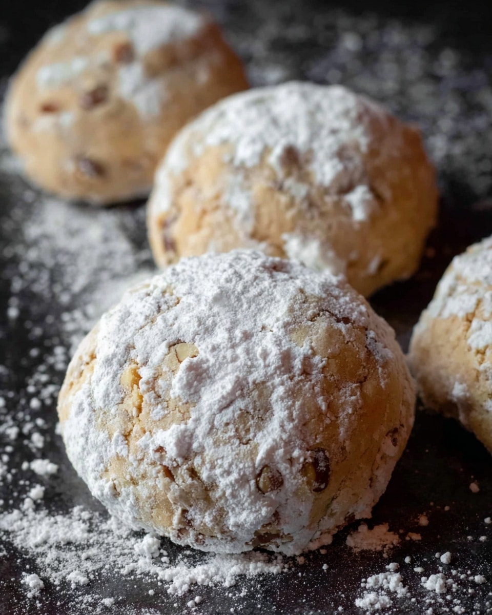 The image shows four round cookies on a dark surface with a white marbled texture background. The cookies are light brown with visible small nut pieces inside and are covered with a light dusting of white powdered sugar. The powdered sugar is unevenly spread, creating a soft, powdery look on the textured cookies. The focus is on the cookie in the front, showing its round shape and rough surface with a clear contrast between the brown dough and the white powdered sugar. In the background, the other three cookies are slightly out of focus. Photo taken with an iphone --ar 4:5 --v 7