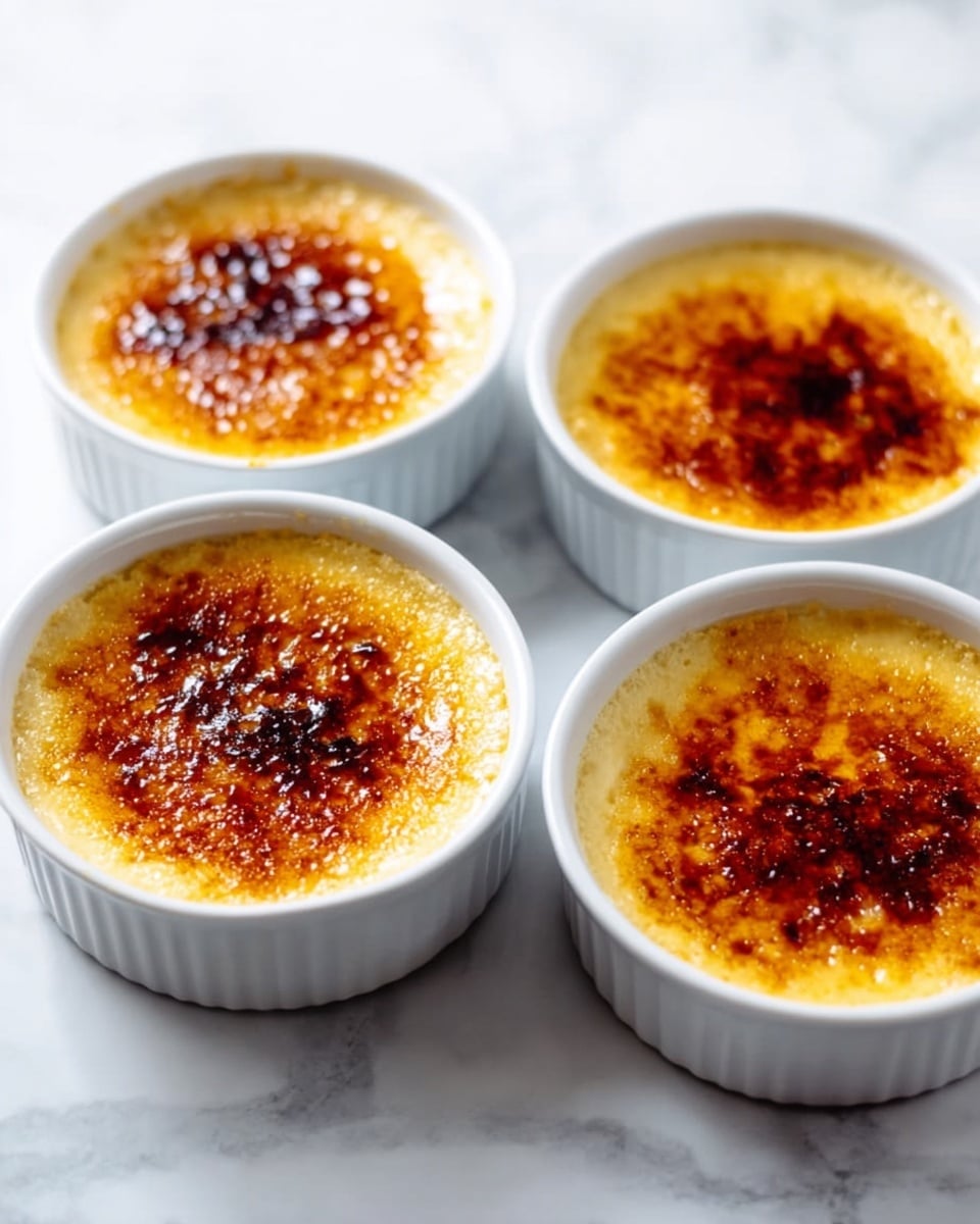 The image shows four white round ramekins arranged on a white marbled surface. Each ramekin contains a dessert with two distinct layers: a creamy, pale yellow base topped with a golden brown caramelized sugar crust that appears slightly uneven and textured. The caramelized tops have some darker burnt spots giving a rich, crispy look. The ramekins are spaced out evenly, showing the smooth contrast between the shiny caramel layer and the soft custard below. photo taken with an iphone --ar 4:5 --v 7