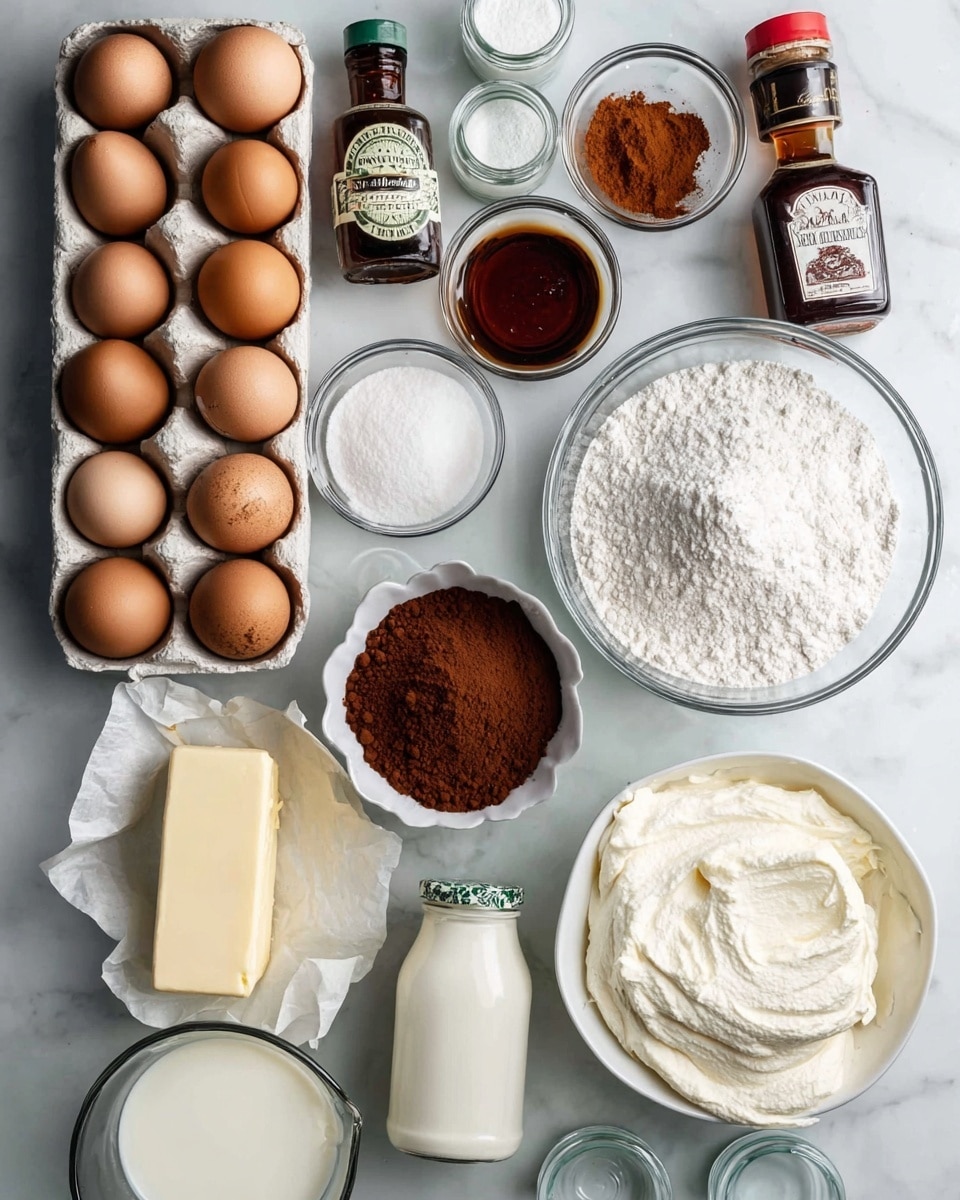 The image shows an organized layout of baking ingredients on a white marbled surface. Starting from the top left, there is a carton with six brown and beige eggs side by side; next to it are salt and vanilla extract bottles. Below these are small glass bowls filled with brown spice powder and white powder. To the right is a large white bowl filled with white sugar. In the center, there is a square glass bowl full of cocoa powder. Below it to the left is a partially unwrapped block of butter placed on wax paper. Next to that are two containers of mascarpone cheese stacked on top of each other. A small white bowl filled with powdered sugar is placed slightly below. On the bottom right side, a round white bowl of flour sits next to a bottle of dark rum. Several glass measuring cups with milk, cream, and vegetable oil fill the remaining spaces around the ingredients. The whole setup is neat and clean, with all items clearly visible, photo taken with an iphone --ar 4:5 --v 7