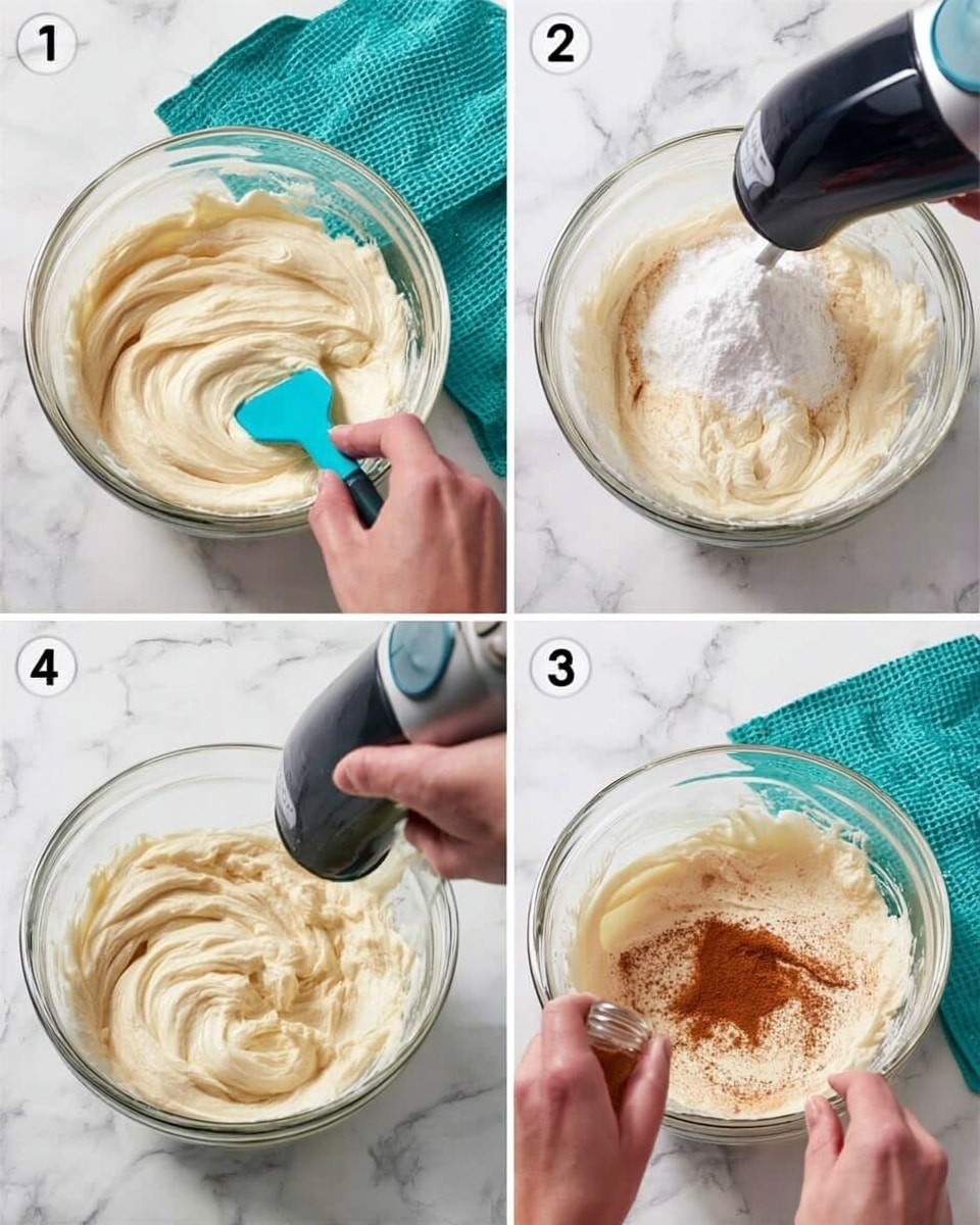 The image shows three steps of mixing a smooth, creamy off-white batter in a clear glass bowl placed on a white marbled surface. In the first step, a woman's left hand is steadying the bowl while her right hand is using a blue spatula to fold the thick batter. The second step shows the woman’s left hand holding the bowl while her right hand operates a black electric mixer inside the bowl, blending the batter with a fine white powder being added from above. The third step captures the woman’s right hand sprinkling a light brown spice, likely cinnamon, from a jar onto the same batter, while the blue spatula rests inside the bowl. A teal cloth is placed beside the bowl on the marbled surface. Photo taken with an iphone --ar 4:5 --v 7