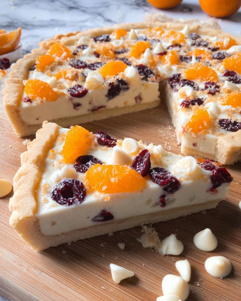 The image shows a tart with a light-colored crust and creamy white filling. The tart is cut into slices, with one slice slightly pulled out in front. The filling is topped with bright orange mandarin pieces, scattered dark red dried cranberries, and white chocolate chips. The tart and slices rest on a light wood surface, with some white chocolate chips spread around. The background is blurred but includes a white marbled texture. Photo taken with an iphone --ar 4:5 --v 7