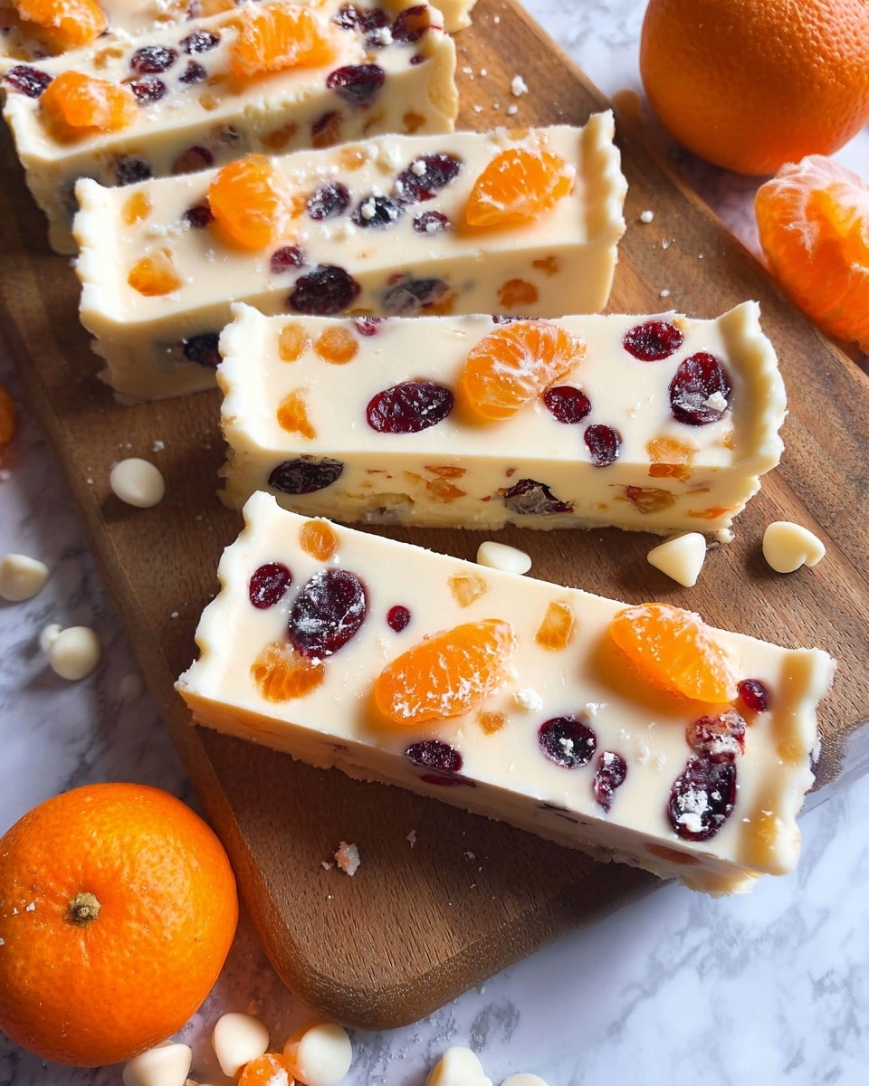 The image shows rectangular slices of a dessert with a creamy white base layer dotted with dark red dried cranberries and bright orange mandarin segments on top. There are also scattered small white chocolate chips on the surface and around the dessert on a wooden board. The edges of the dessert are slightly scalloped, and the texture looks smooth with some light sprinkles of orange zest. Whole mandarins are placed near the dessert pieces, adding a fresh pop of color. The background is a white marbled texture. photo taken with an iphone --ar 4:5 --v 7